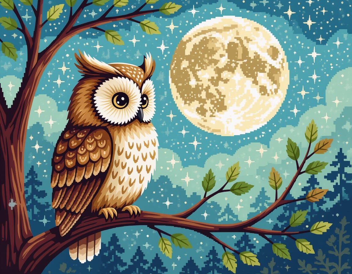 Whimsical Cross-Stitch Owl Under Moonlight