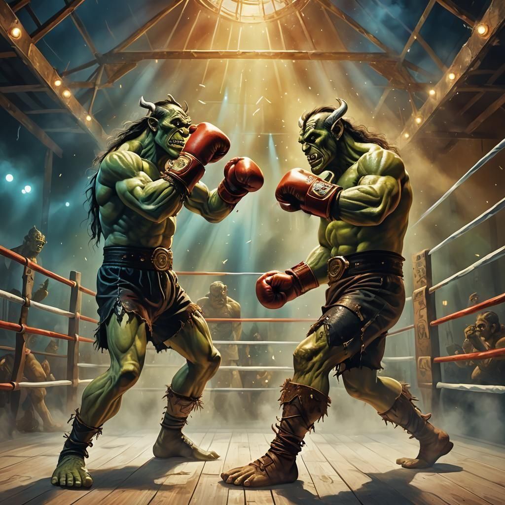 Two Orcs Boxing in a Dreamlike Ring