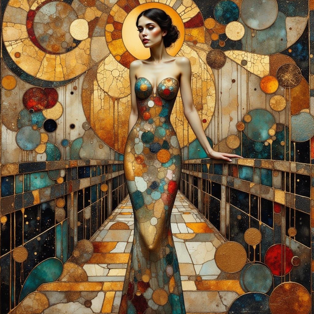 Surreal Woman on Bridge in Klimt-Inspired Style
