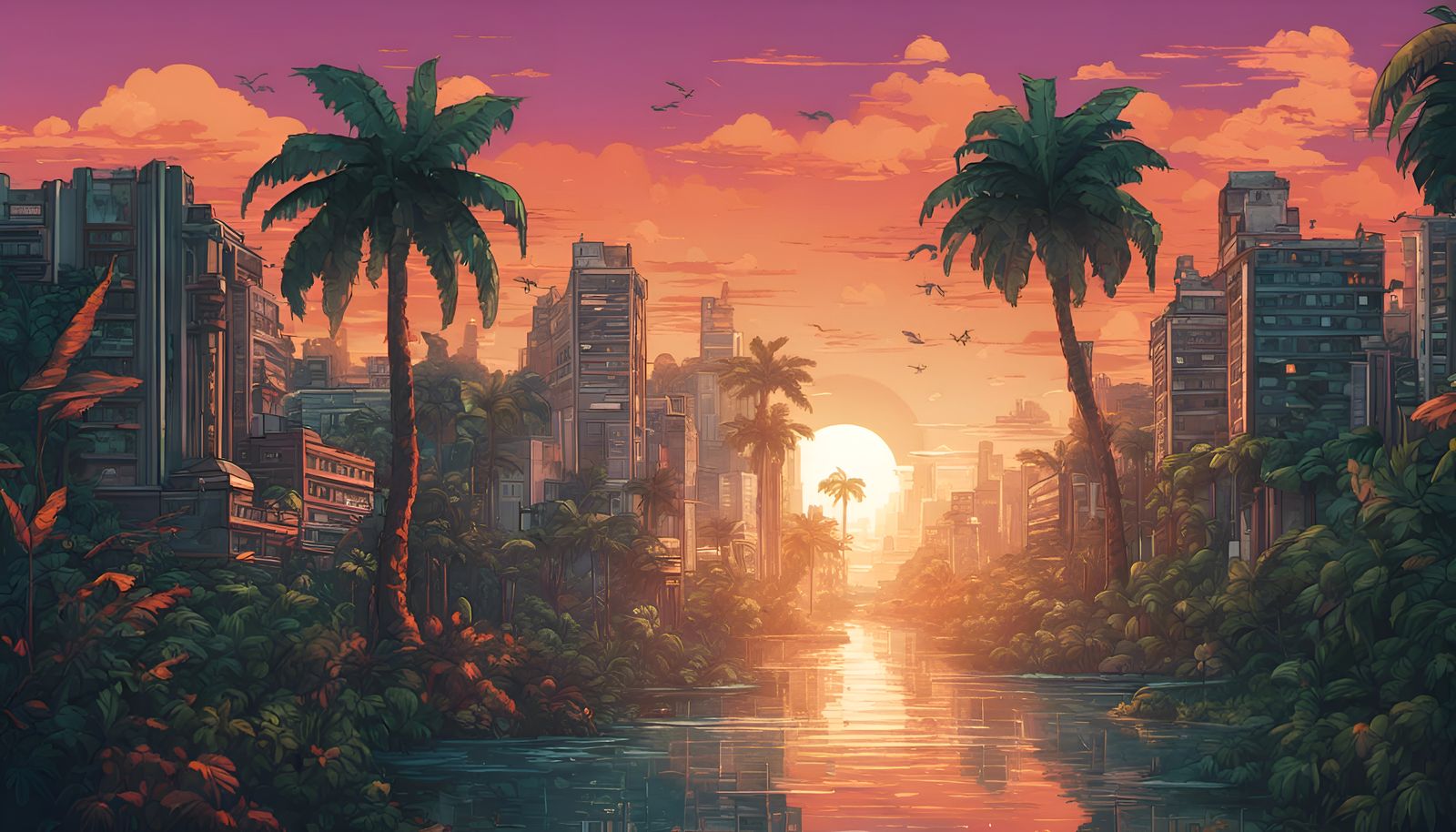 Tropical Overgrown City Sunset in Pixel Art