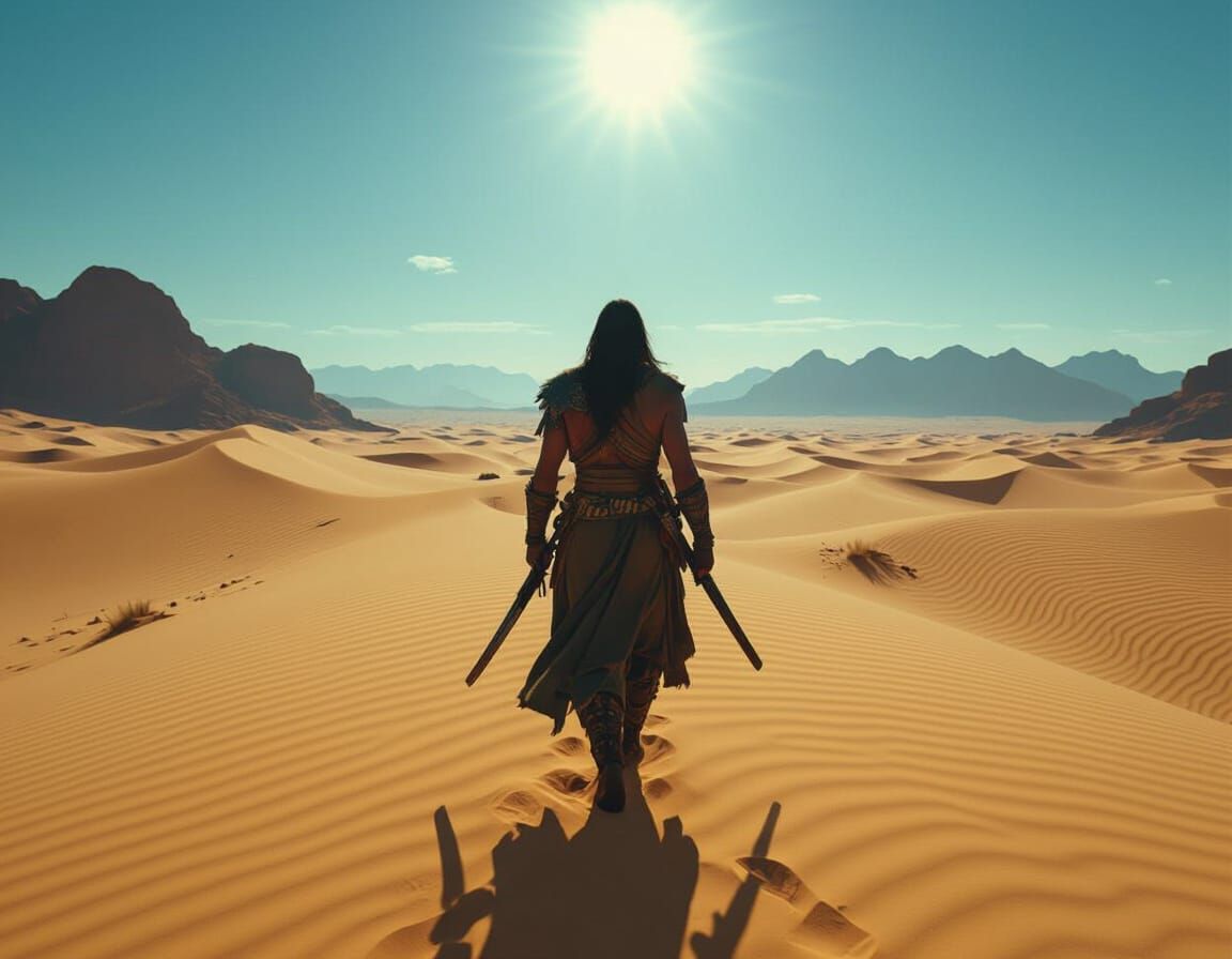 Desert Warrior Strides Through Sand Dunes Cinematic Film Sti...