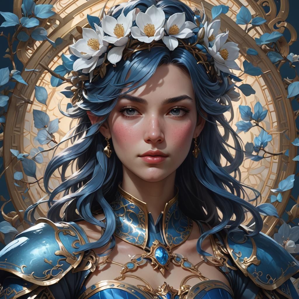 Blue Magnolia Knight Portrait in Hyperdetailed Digital Art