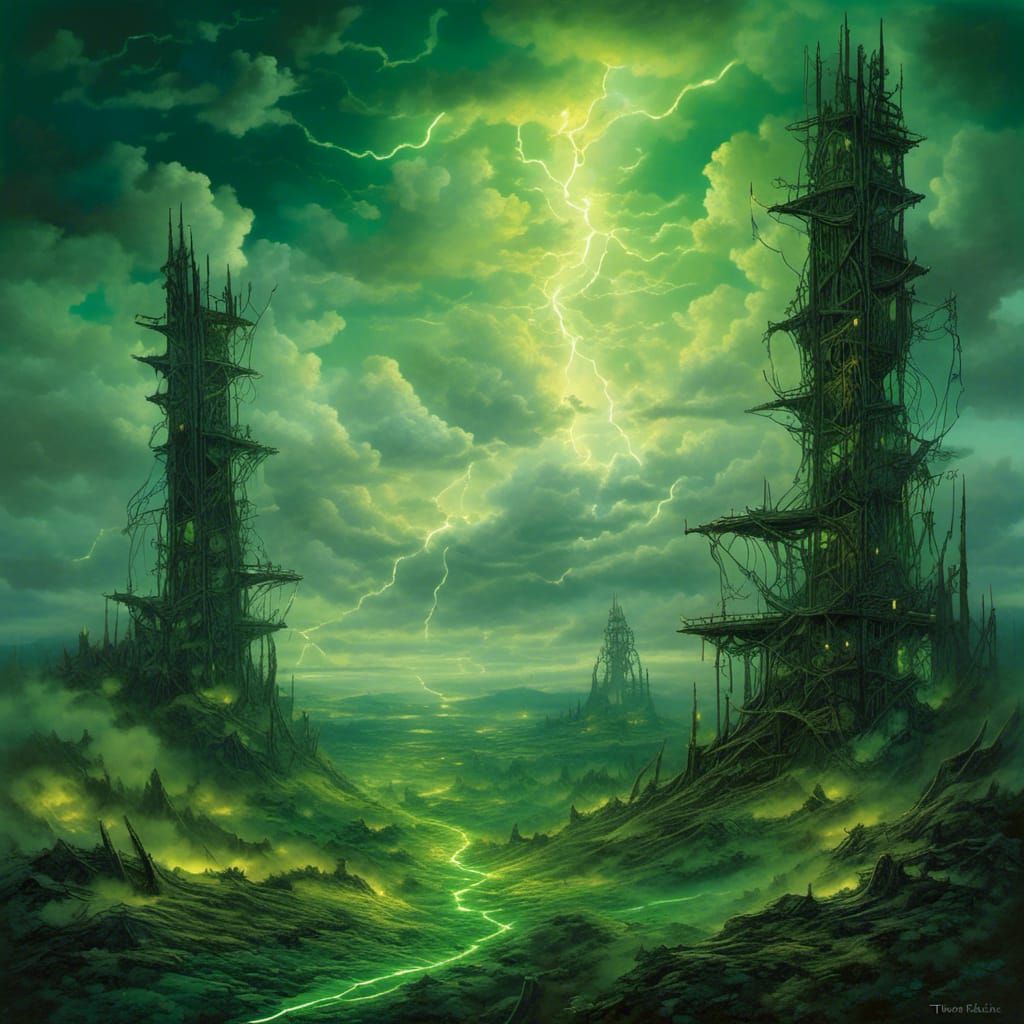 Grimdark Pylons in Dystopian Landscape