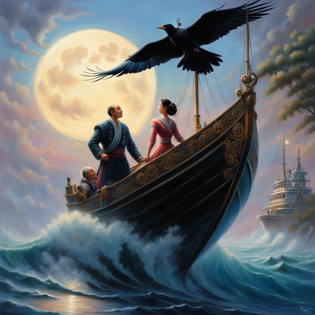 Ethereal Fantasy Battle: Man, Woman, and Crow