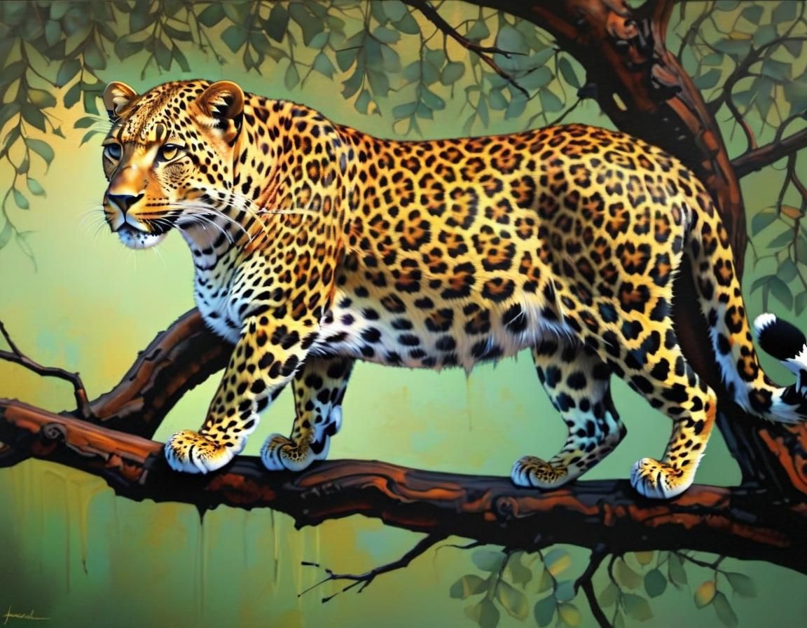 Majestic Leopard on Branch in Acrylic Style