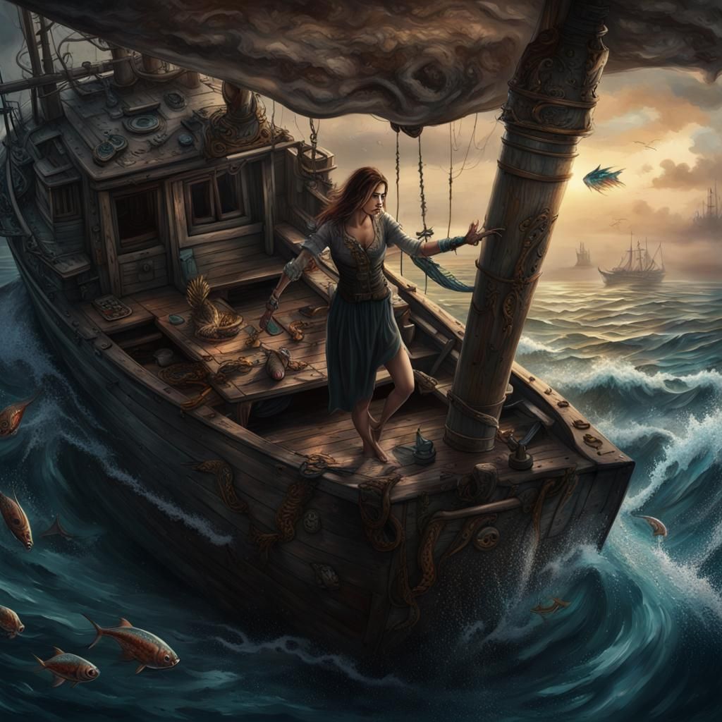 Tattooed Woman Battles Sea Monster: Oil Painting Style