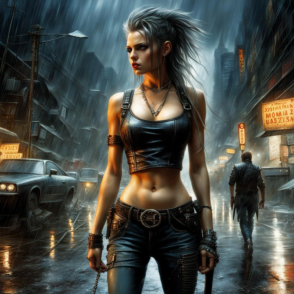Punk Woman in Stormy City, Hyperrealistic Digital Art