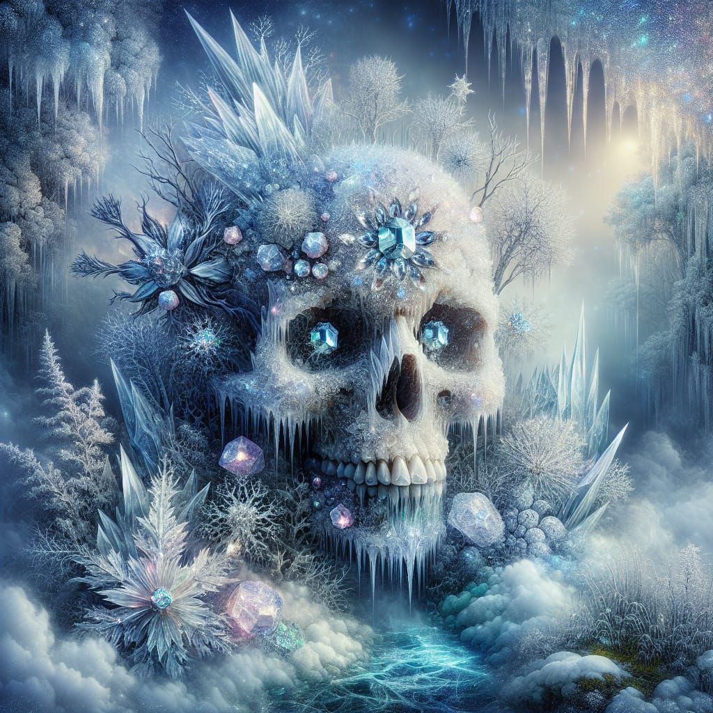 Icy Crystal Skull in Winter Fantasy Landscape