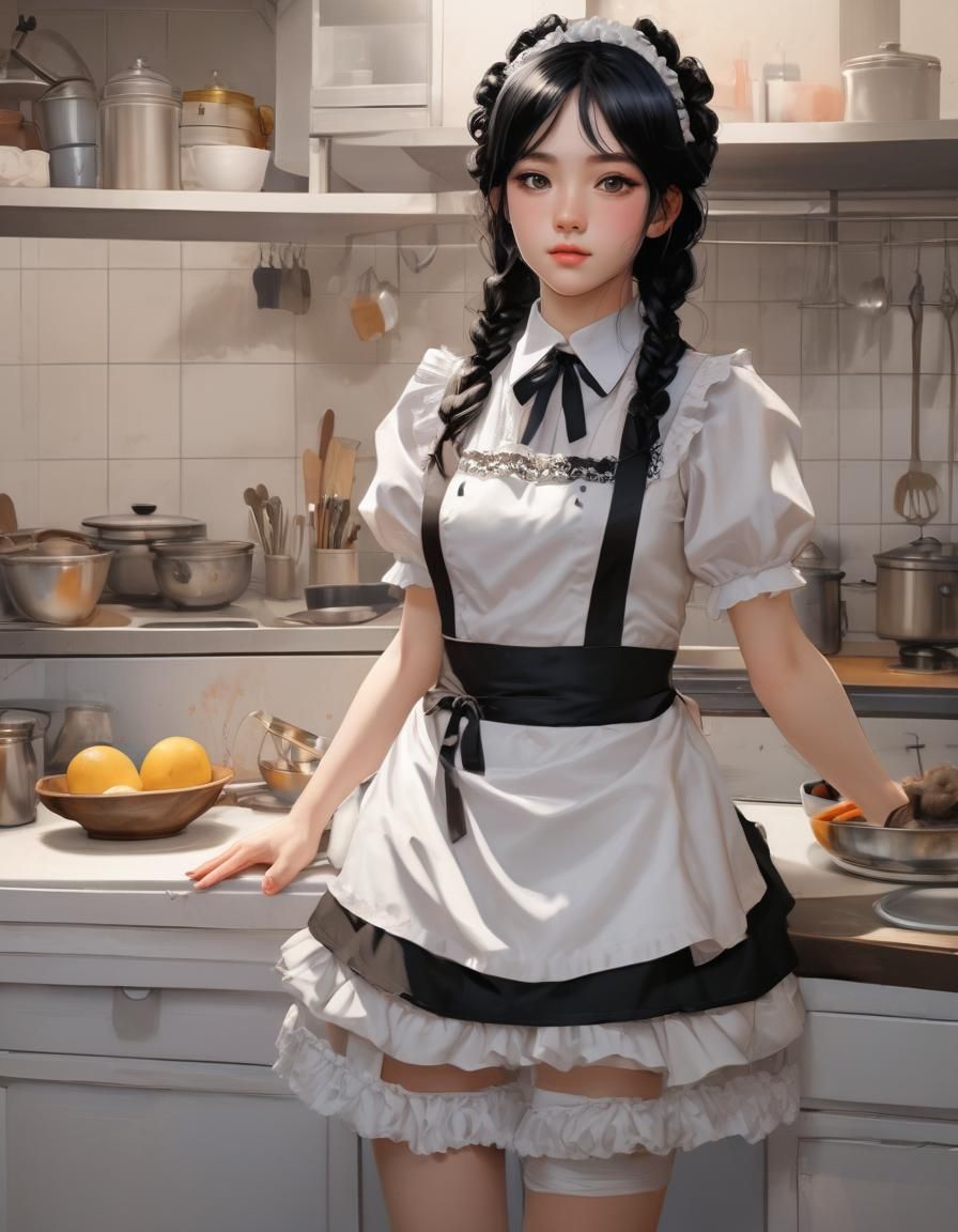 Fancy Maid in Kitchen, Manga Style Portrait