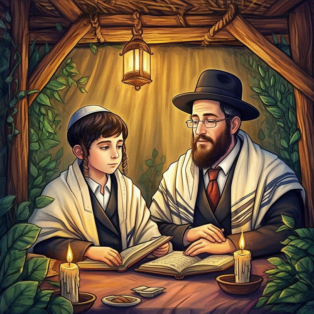 Hasidic Boy Studies with Father in Sukkah: Fractal Art
