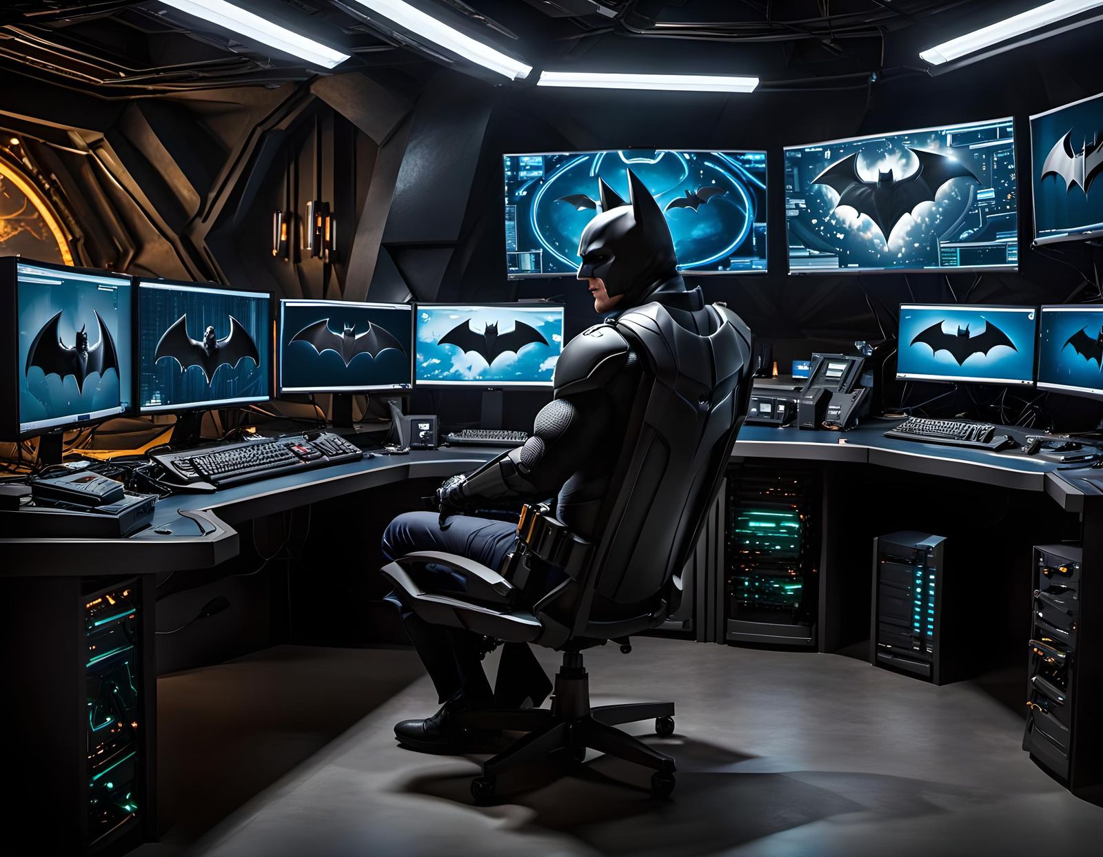 Batman in Hyperrealistic Batcave with Computer Monitors