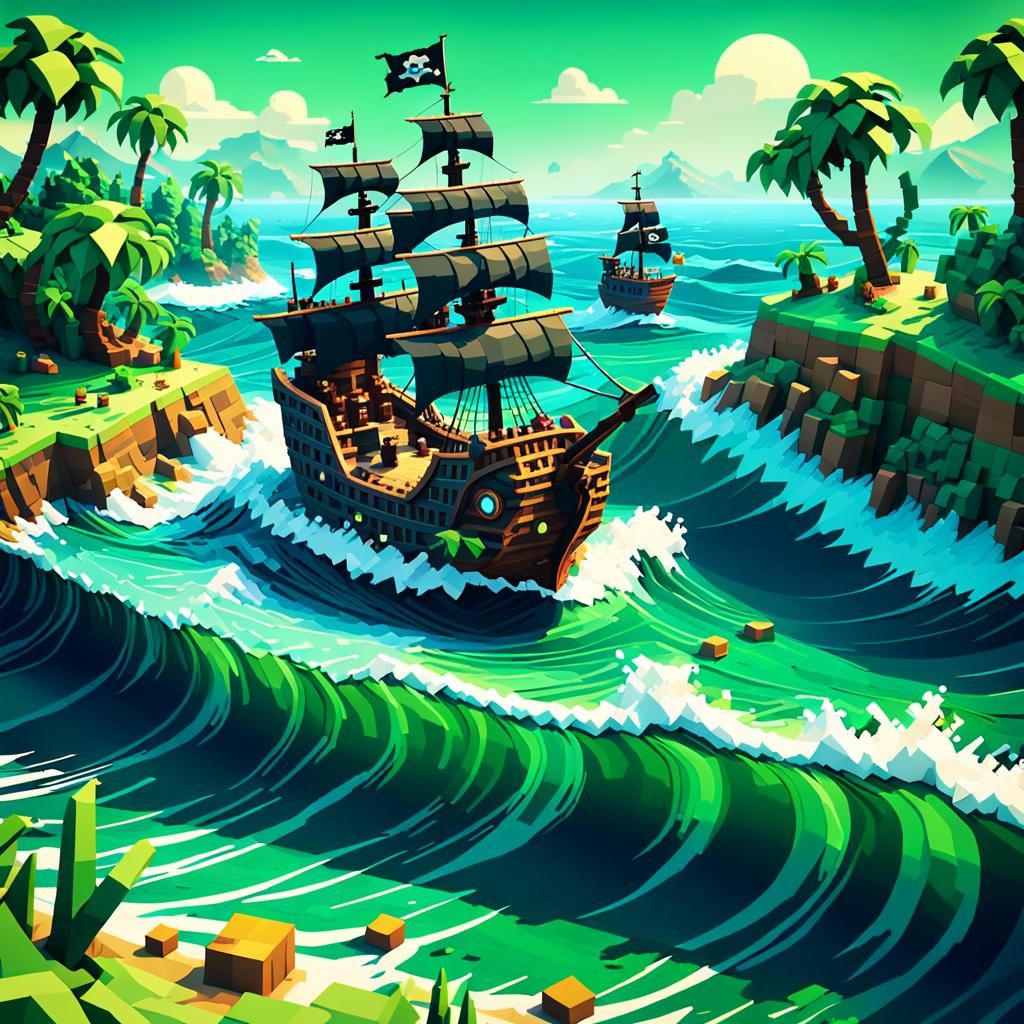 Pixelated Pirate Ship Battles Blocky Waves in 8-bit Art