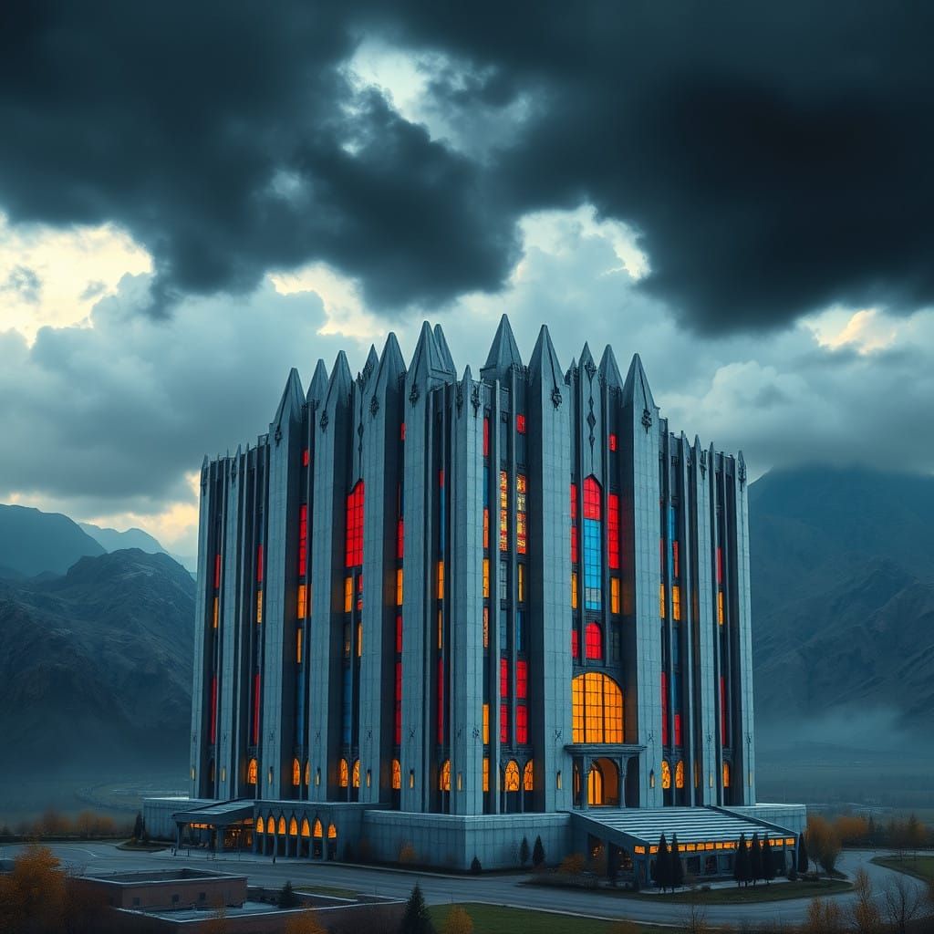 Modern Achaemenid-Inspired Building with Vibrant Glass Facad...