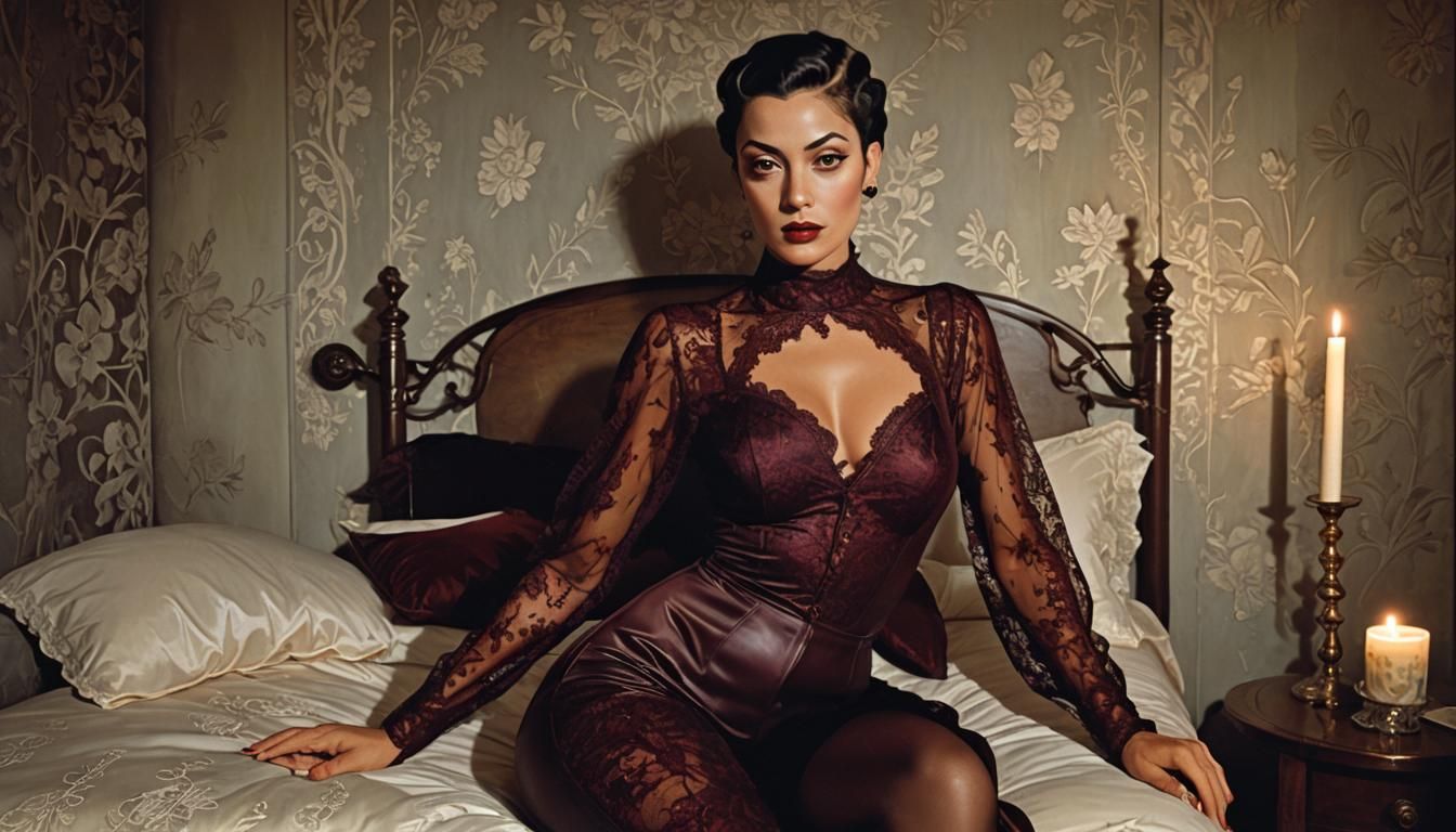 Olive Skinned Woman in Lace Lingerie, Gothic Art Style