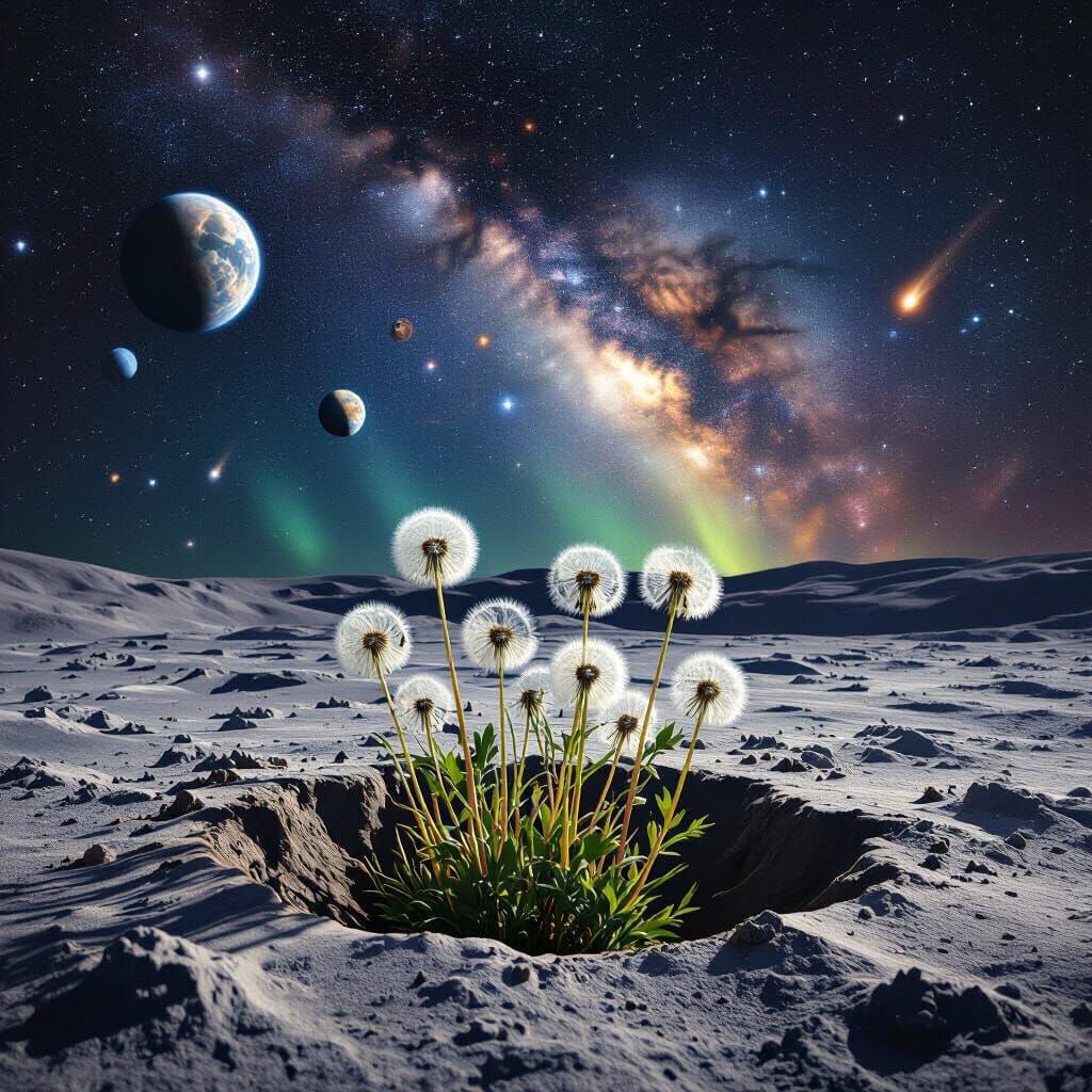 Dandelions on the Moon in a Starry Nightscape