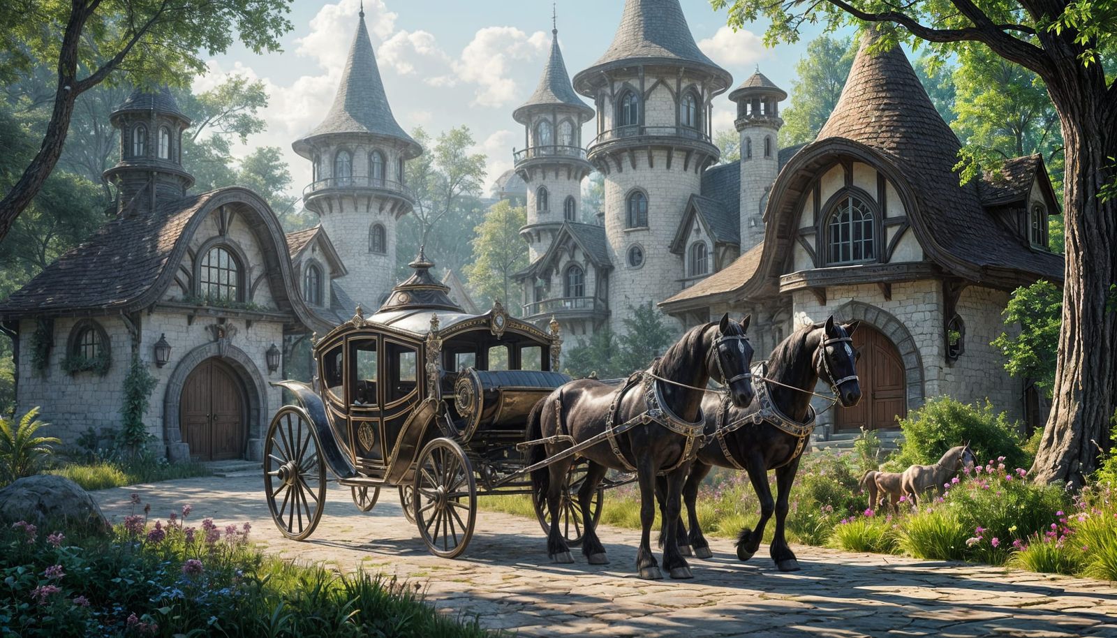 Elven Cottages with Black Horses and Antique Carriage