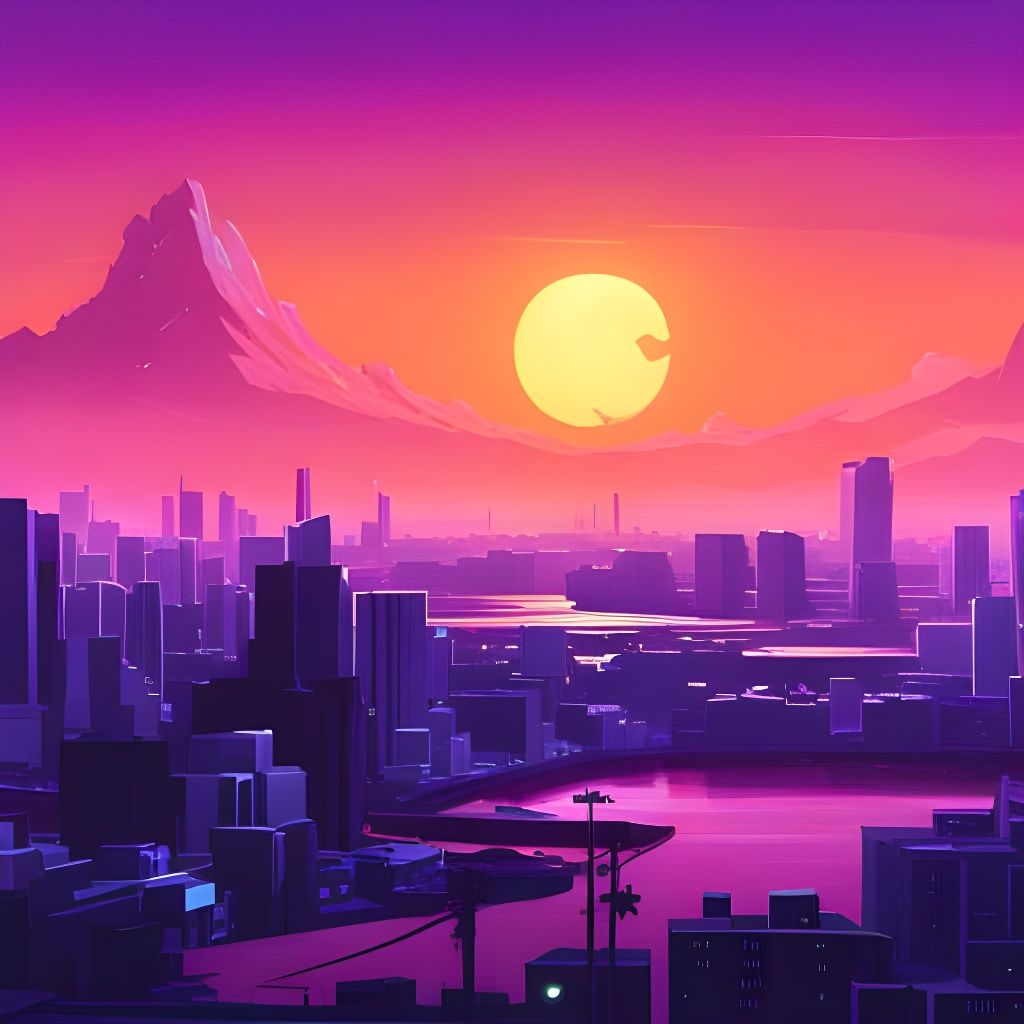 Fantasy Sunset Over Cityscape with Radiant Light