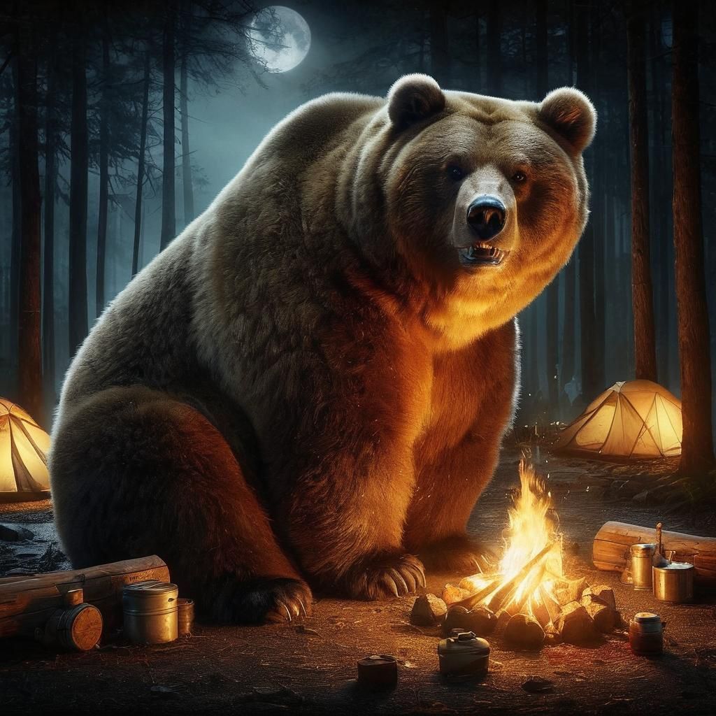 Playful Obese Kodiak Bear Camping in Darkness