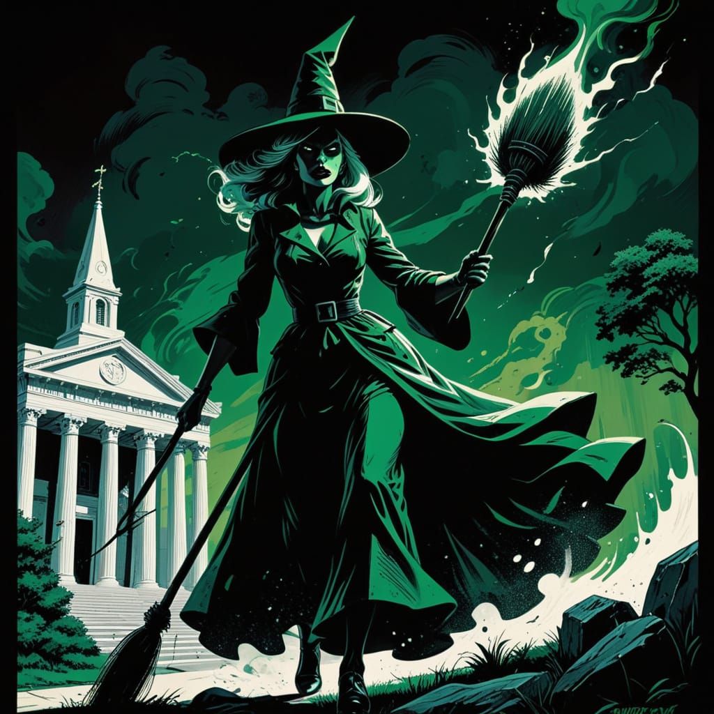 Pulp comic art. Medium shot. a witch hat.