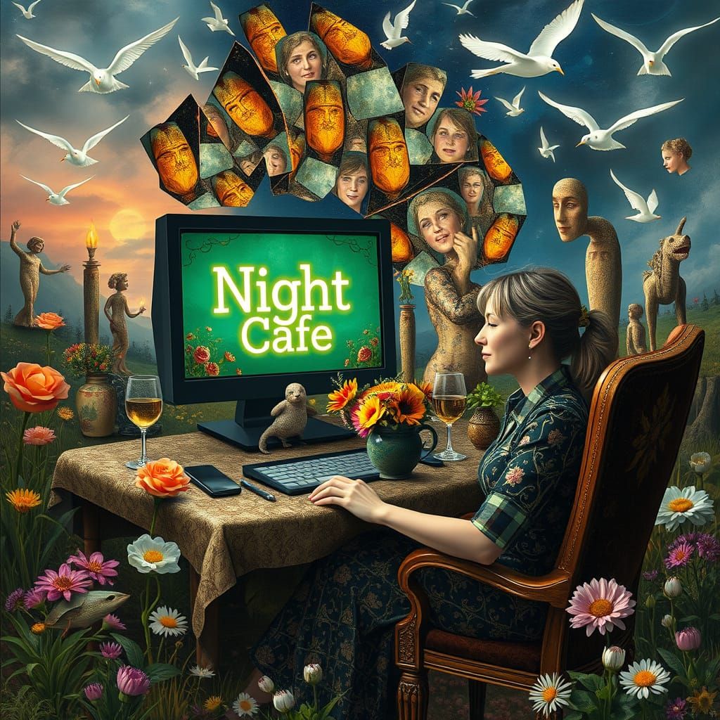 Tired Woman in Surreal Digital Dreamscape