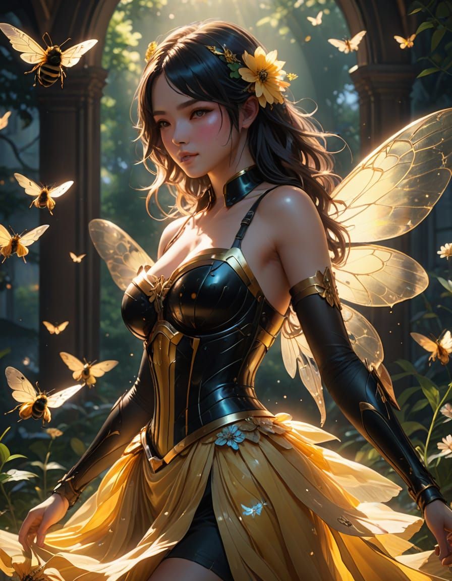 Vibrant Fairy in Delicate Flower Blooms with Bumblebee Whims...
