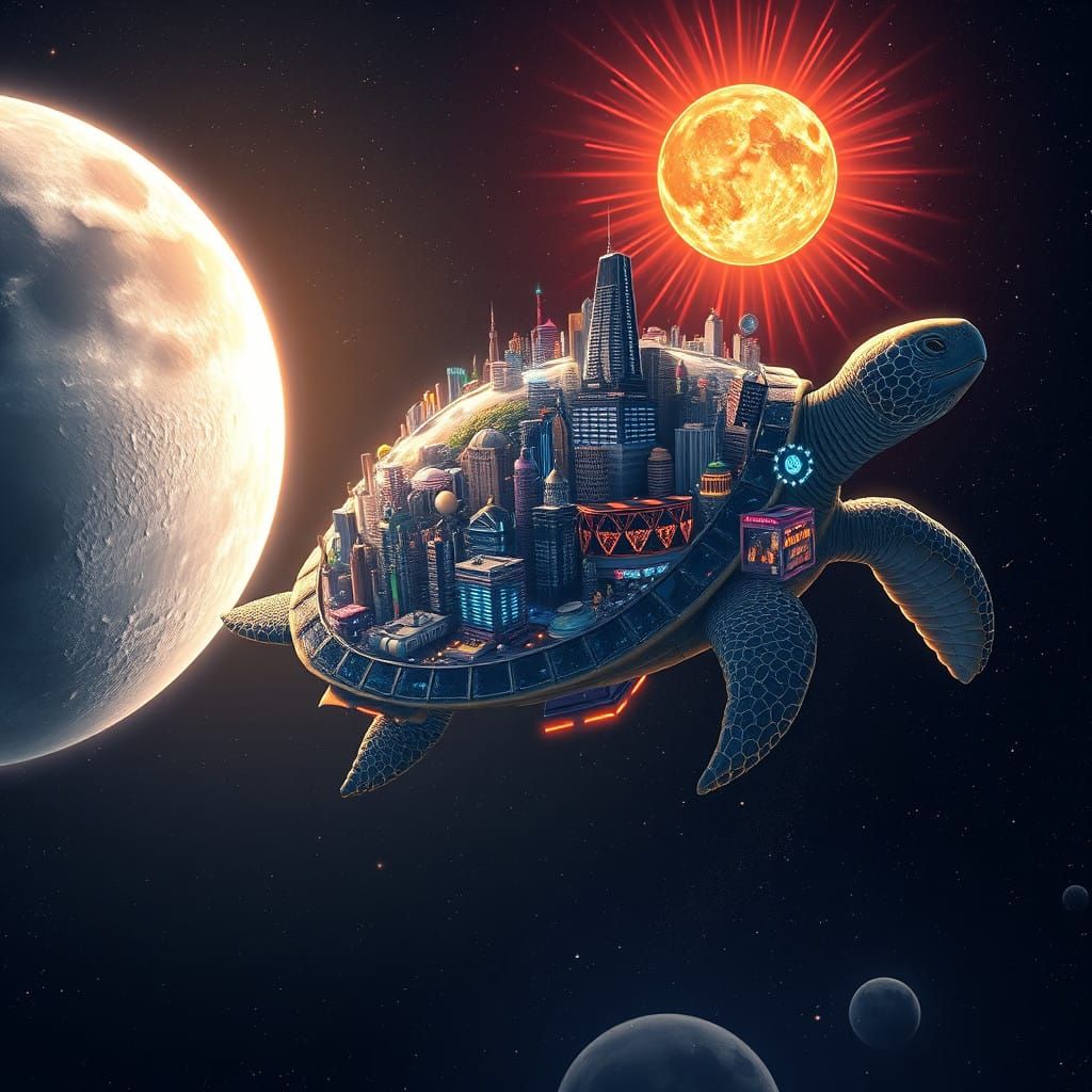 Turtle City in Space with Moon and Sun