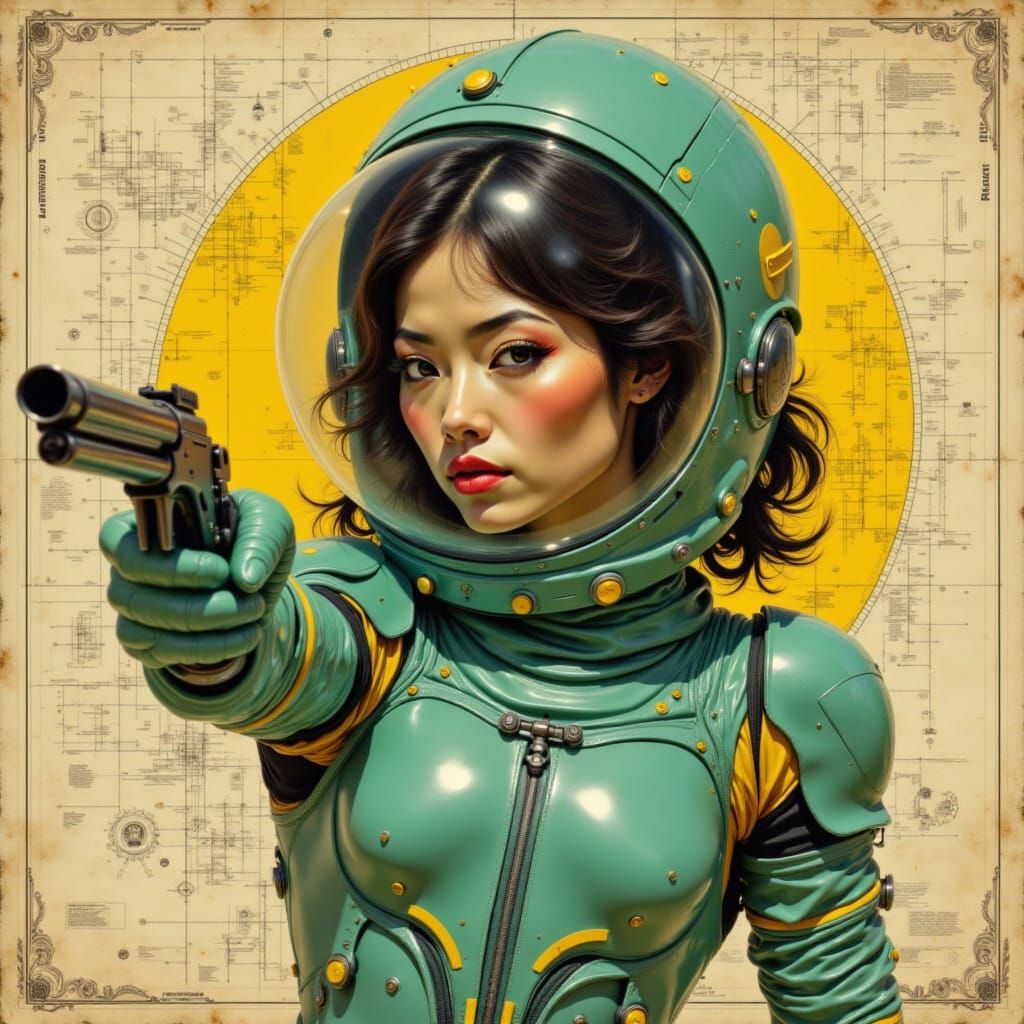 Futuristic Woman in Space Suit Aims Handgun