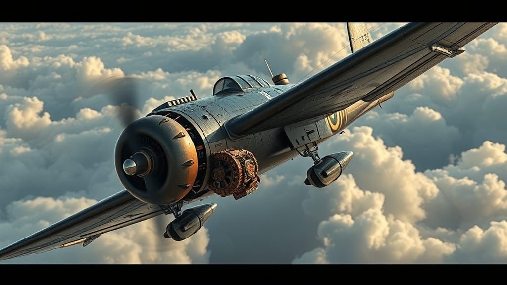 Steampunk WWII Aircraft Soaring in Cloudy Sky