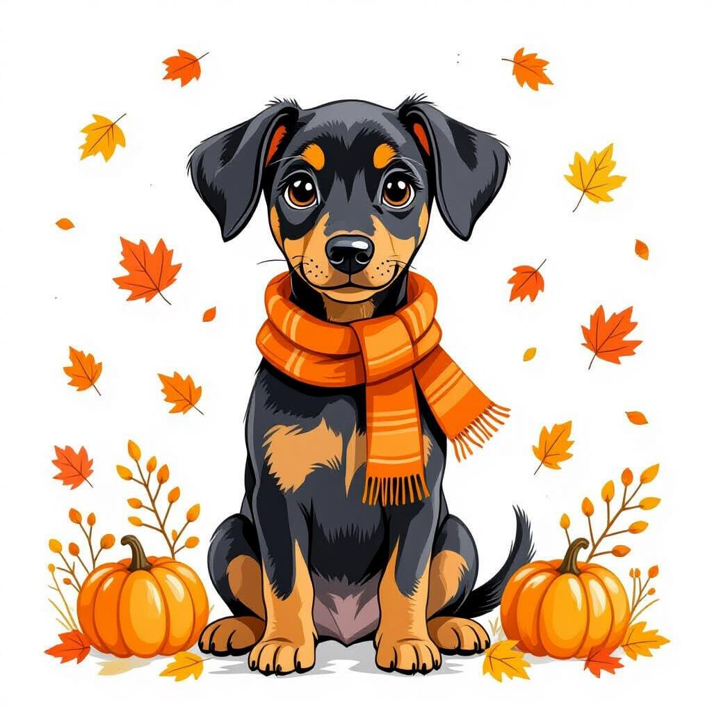 Doberman Pinscher in Watercolor Autumn Scene