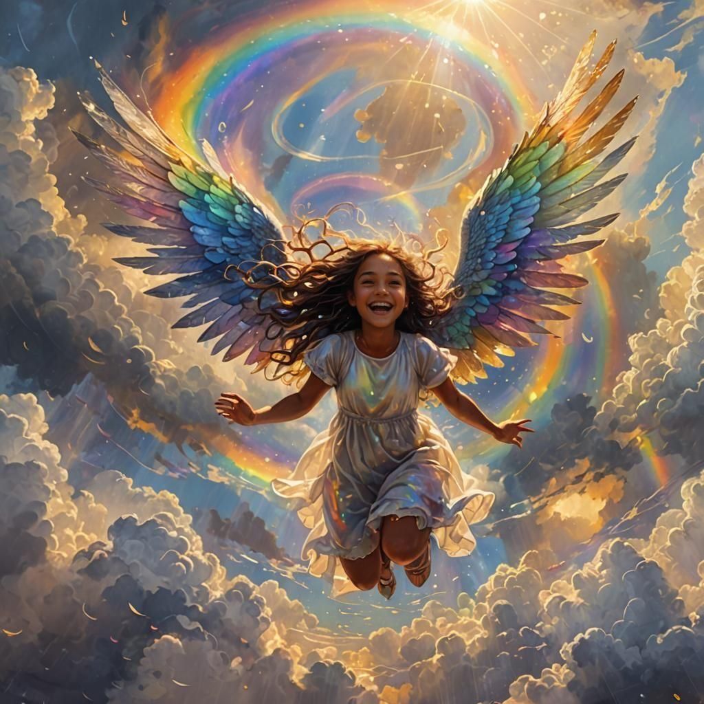 Girl Flies Above Storm Clouds with Silver Wings