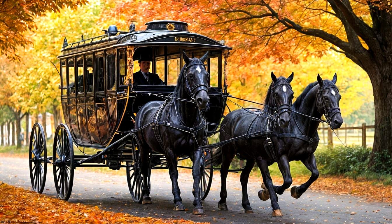 Autumn Carriage Ride with Sleek Horses and Coachman