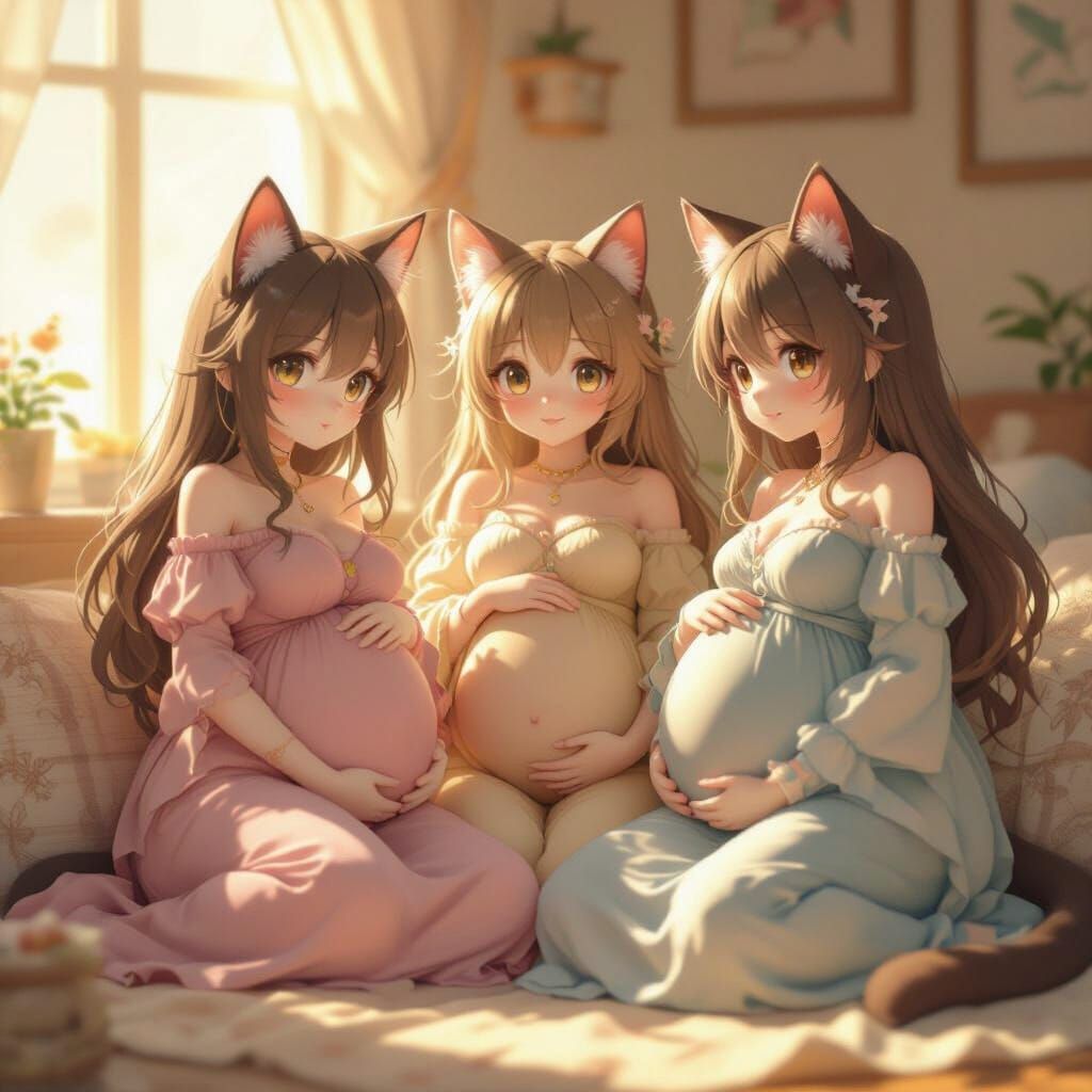 Anime Cat Girls in Golden Hour Light