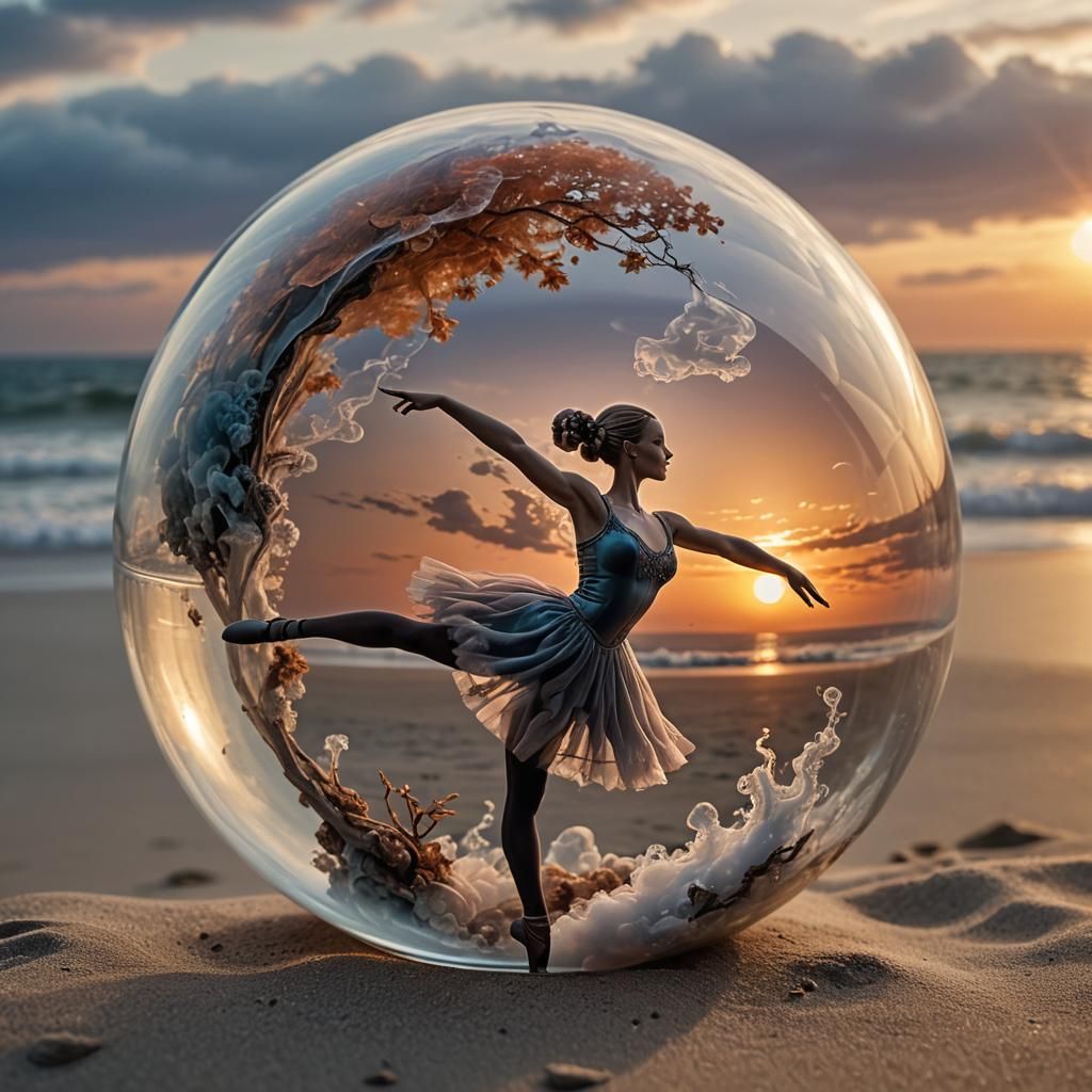 Ballerina of Smoke on Autumn Beach in Glass Globe
