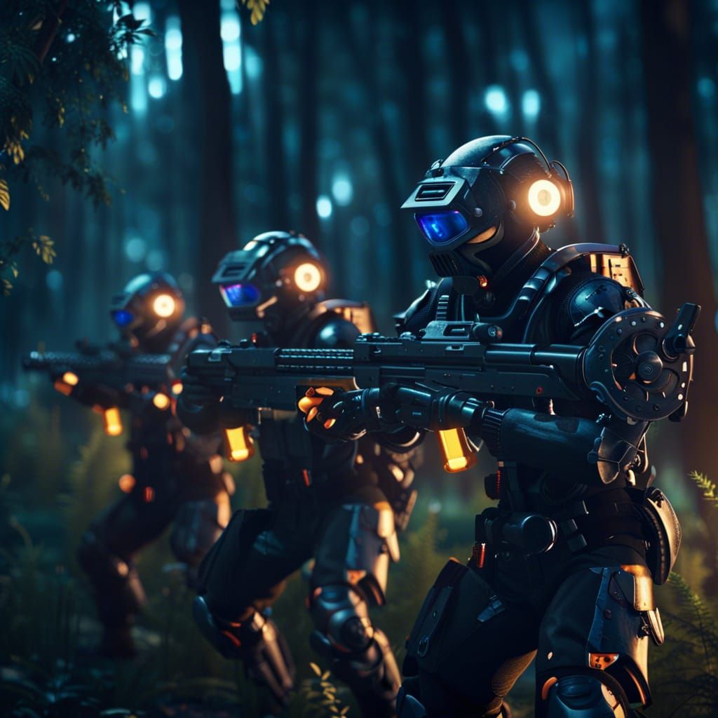 Futuristic Robot Soldiers Battle in Nature