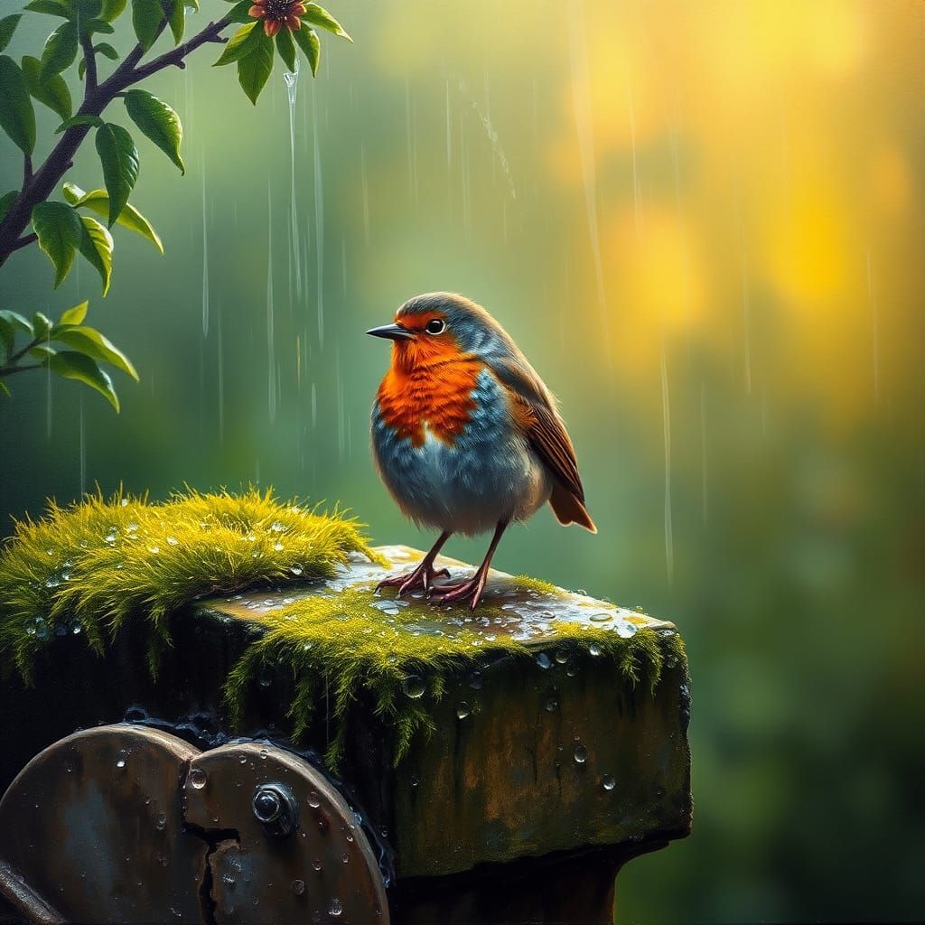 Robin in Rain, Oil Painting in Romantic Style