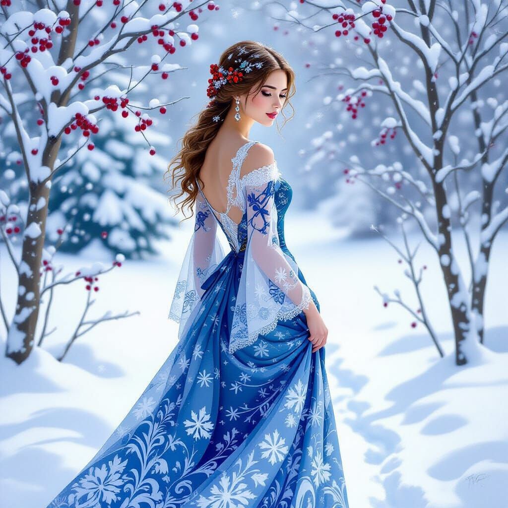 Jugendstil Woman in Snowy Winter Landscape