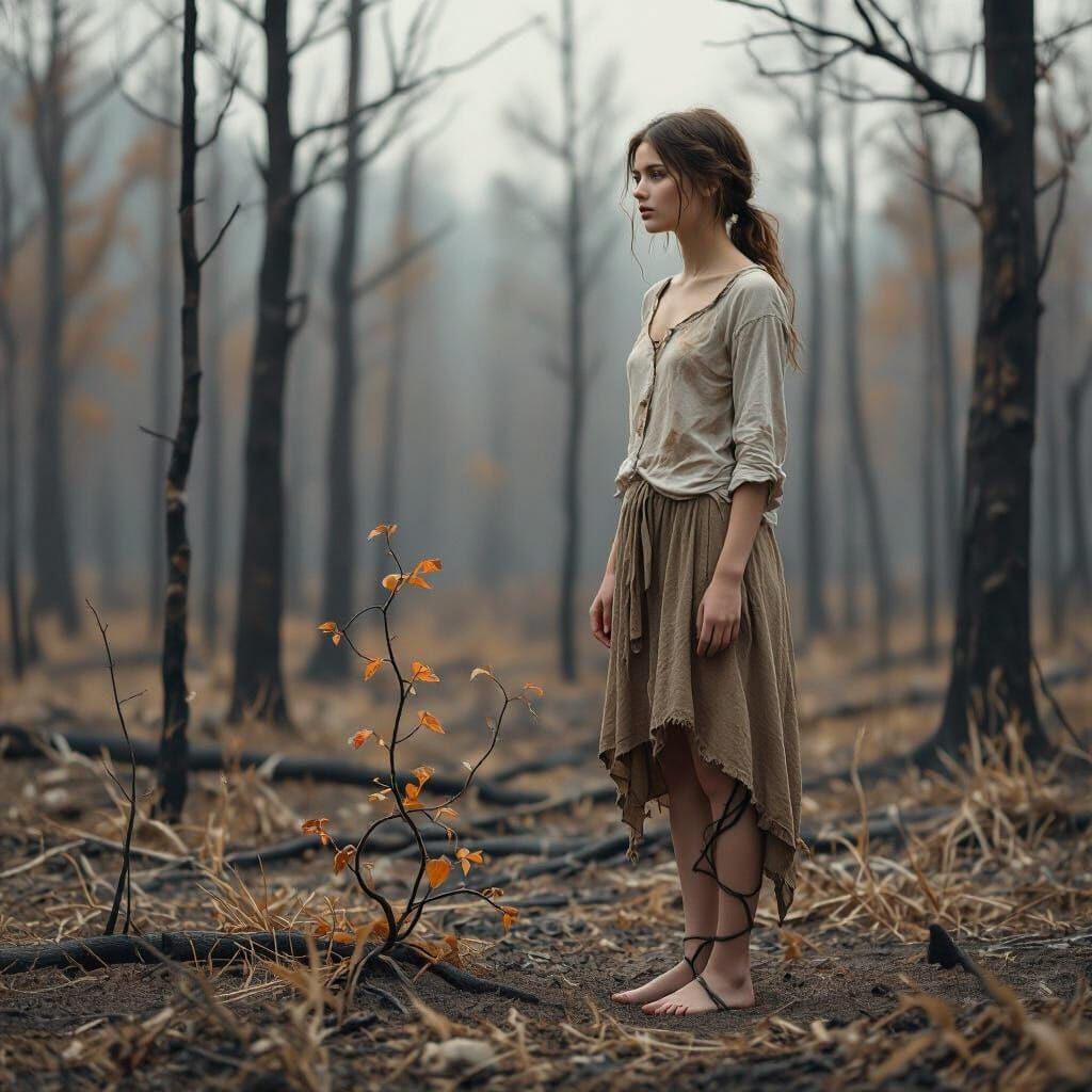 Woman in Burned Forest, Atmospheric Realism