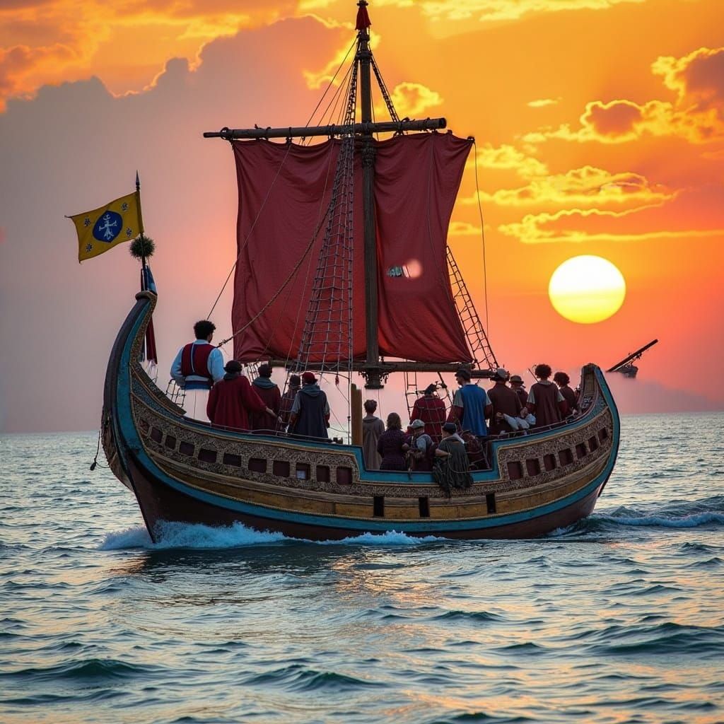 Medieval Ship at Sunset with Eccentric Travelers