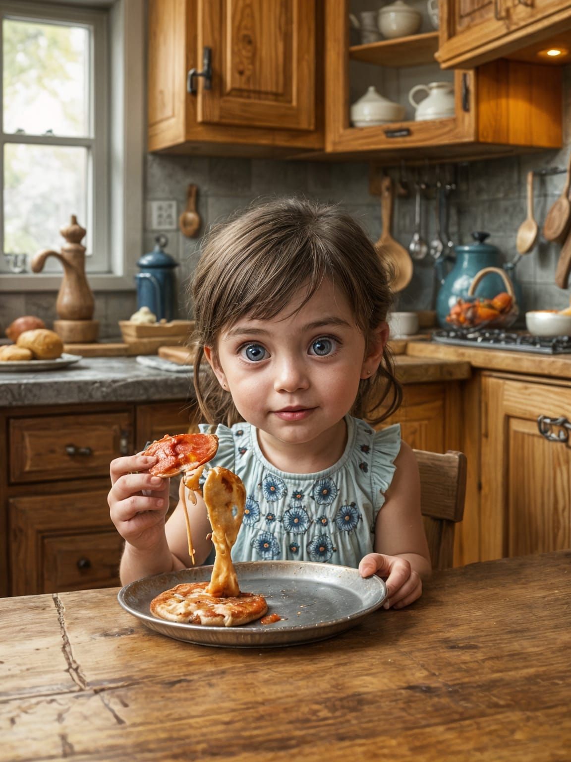 Little Girl Enjoys Pizza in Cozy Kitchen: Digital Art