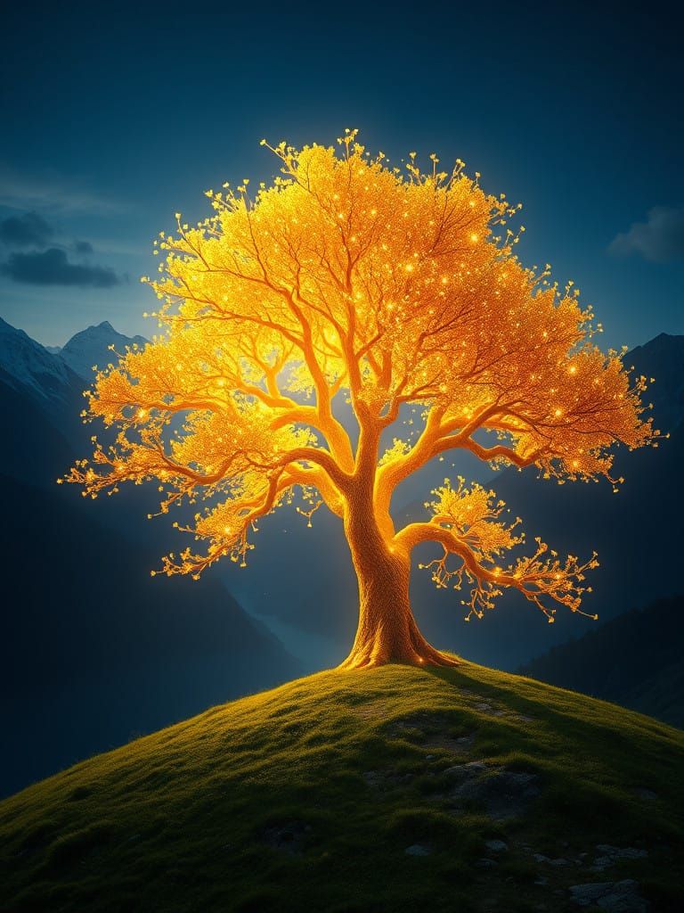 Golden Tree in a Fantastical Evening Landscape
