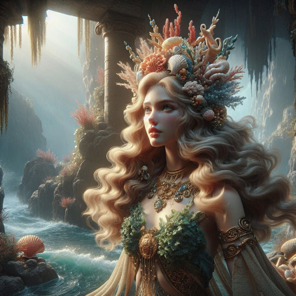 Greek Mermaid Eurynome in Sunlit Grotto, Matte Painting