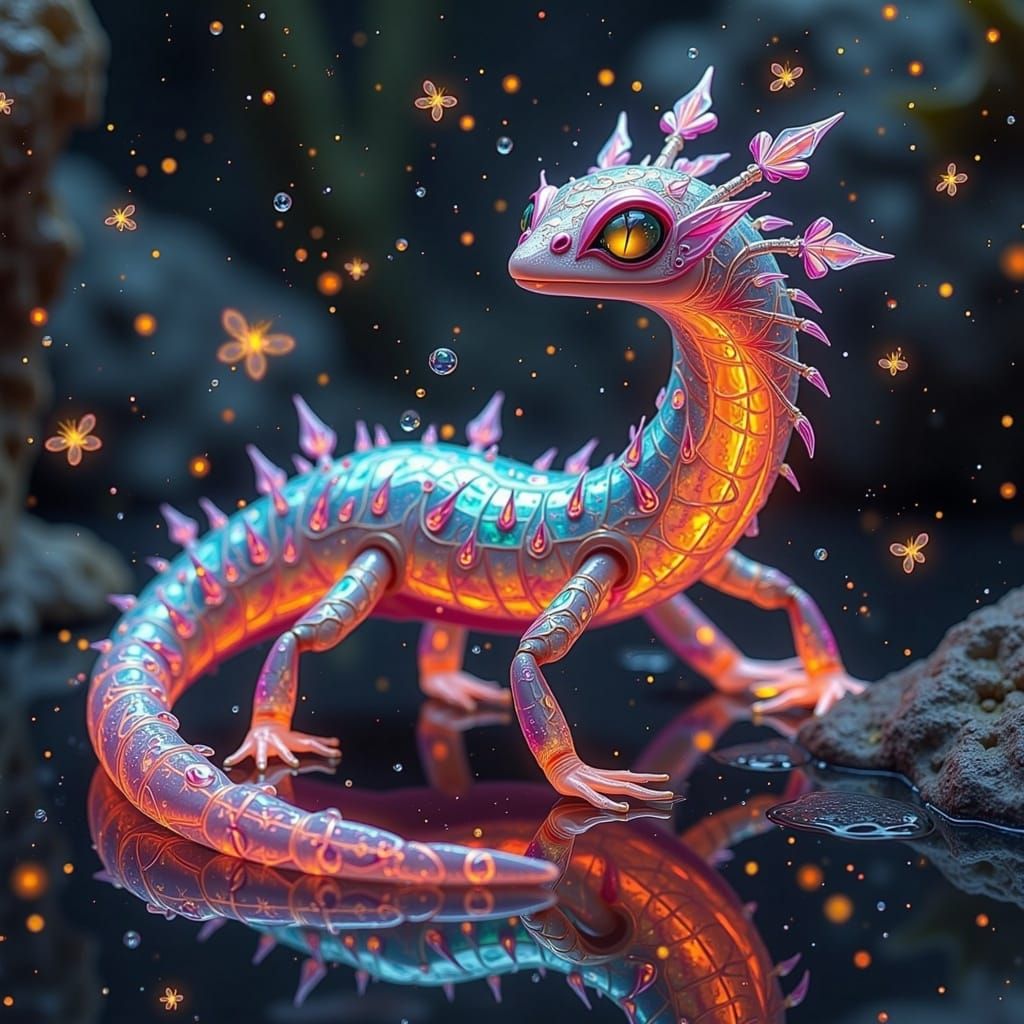 Surreal Crystal Salamander Spirit in Vibrant, Iridescent Hue...