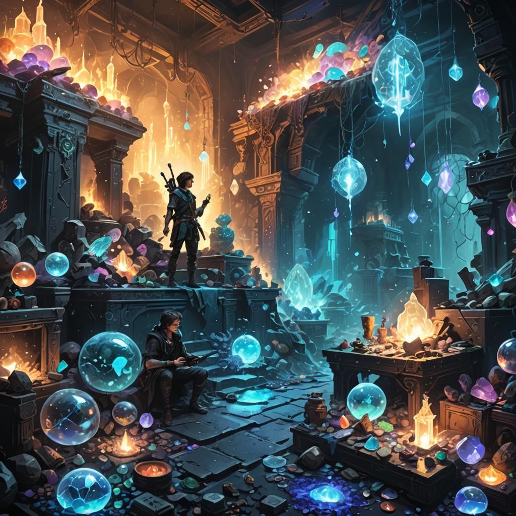Adventurer Surrounded by Fantasy Loot in Neon Splatter Art