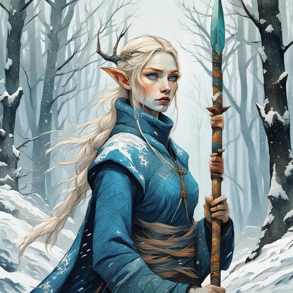 Blonde Elf Warrior in Snowy Forest Illustration