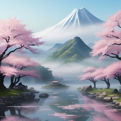 Serene East Asian Landscape in Dreamy Watercolor Style