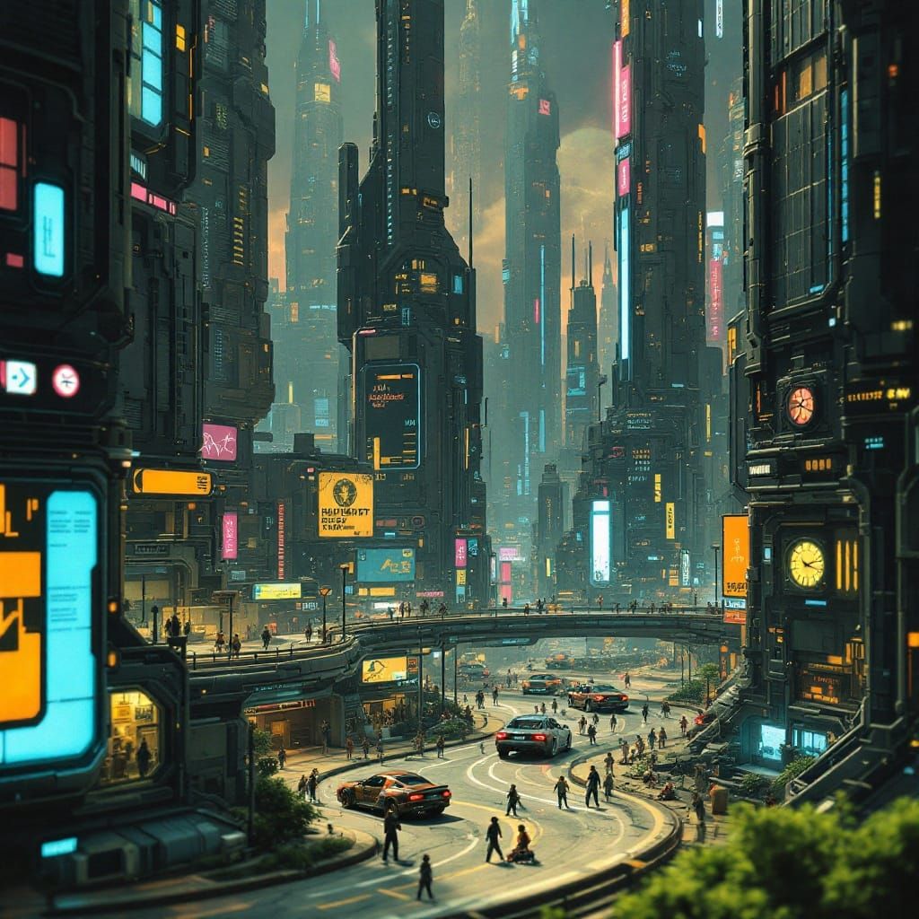 Dystopian Metropolis with Miniature and Normal-Sized Element...