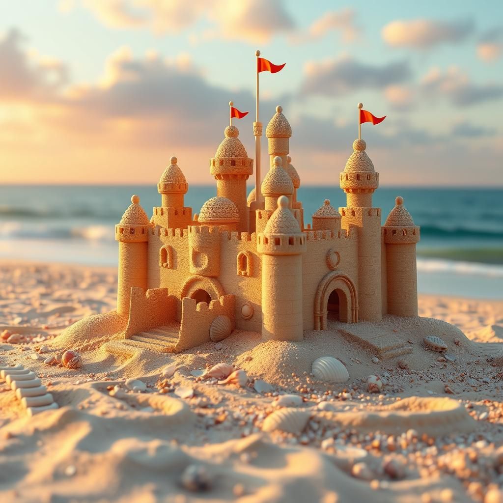 Majestic Sandcastle Kingdom at Sunset