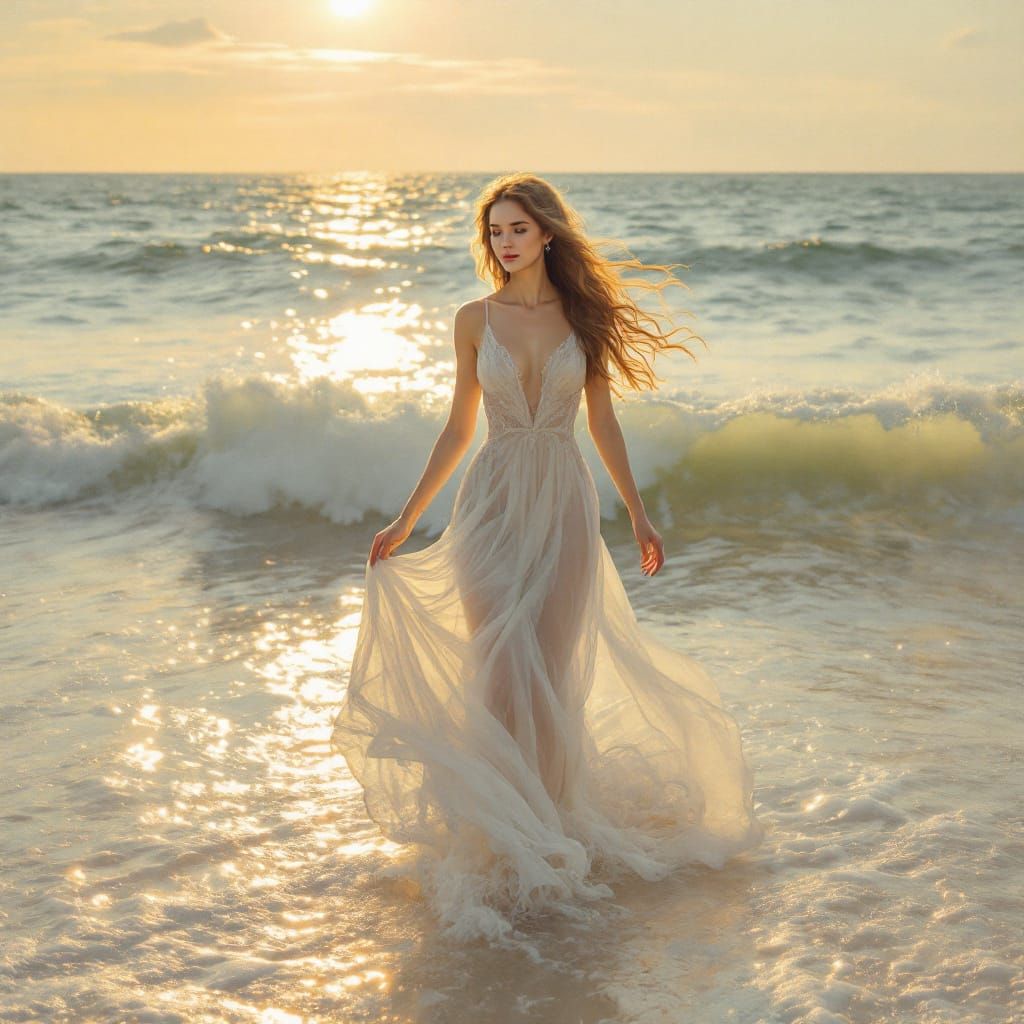 Woman in Gown Wading into Sea, Impressionist Style