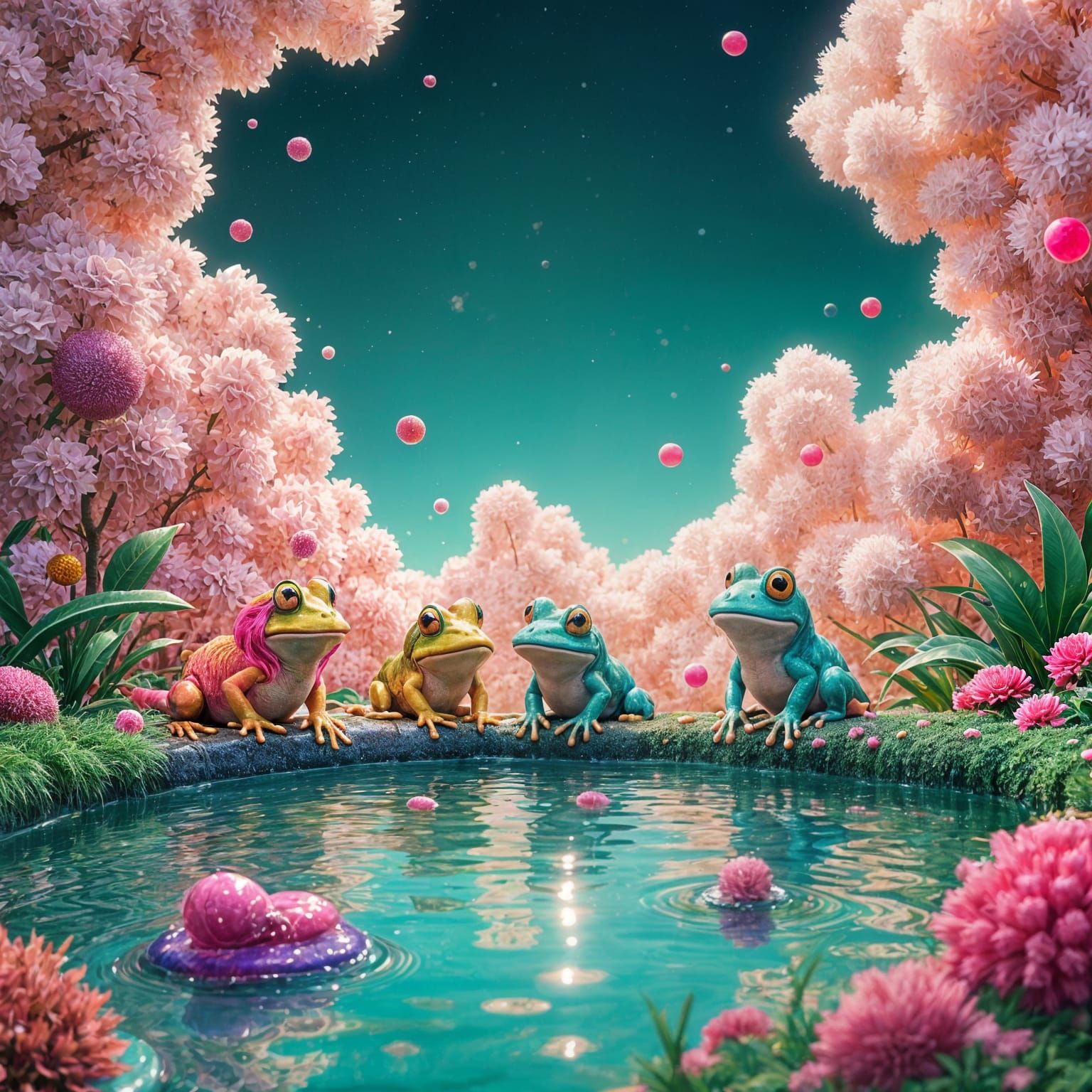 Frogs in a Mystical Candy Land Pond