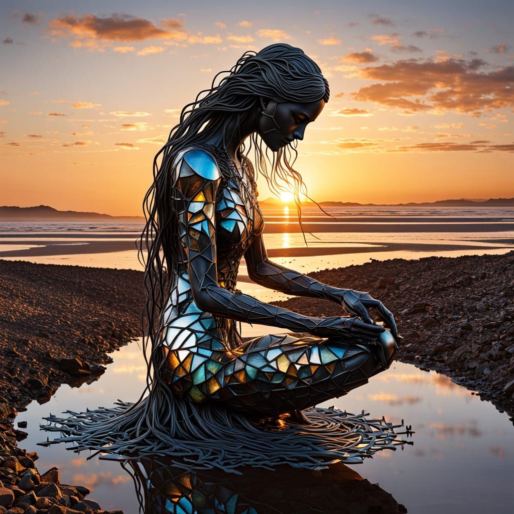 Surreal Fragmented Sculpture of Woman at Sunset